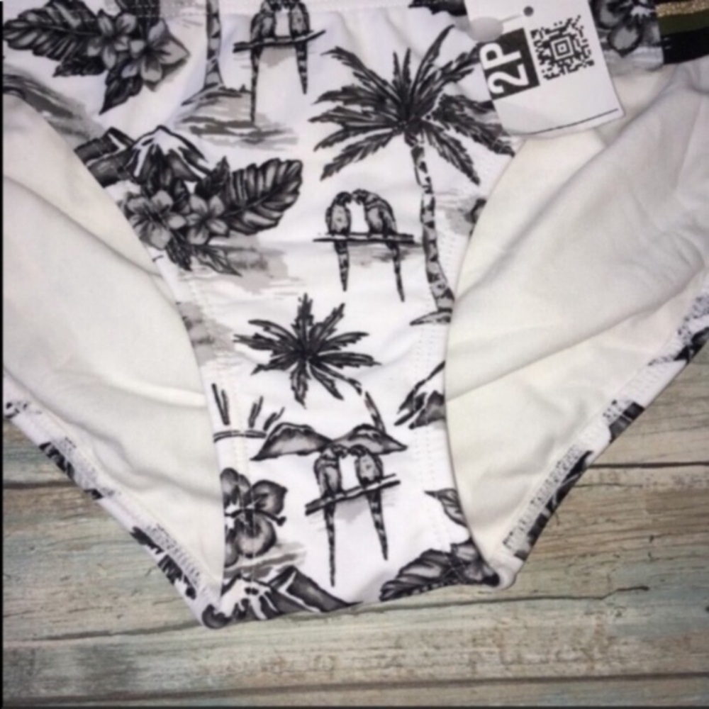 Xhilaration Black White Tropical Palm Print Bikini Bottoms Medium Striped Side - Picture 5 of 6